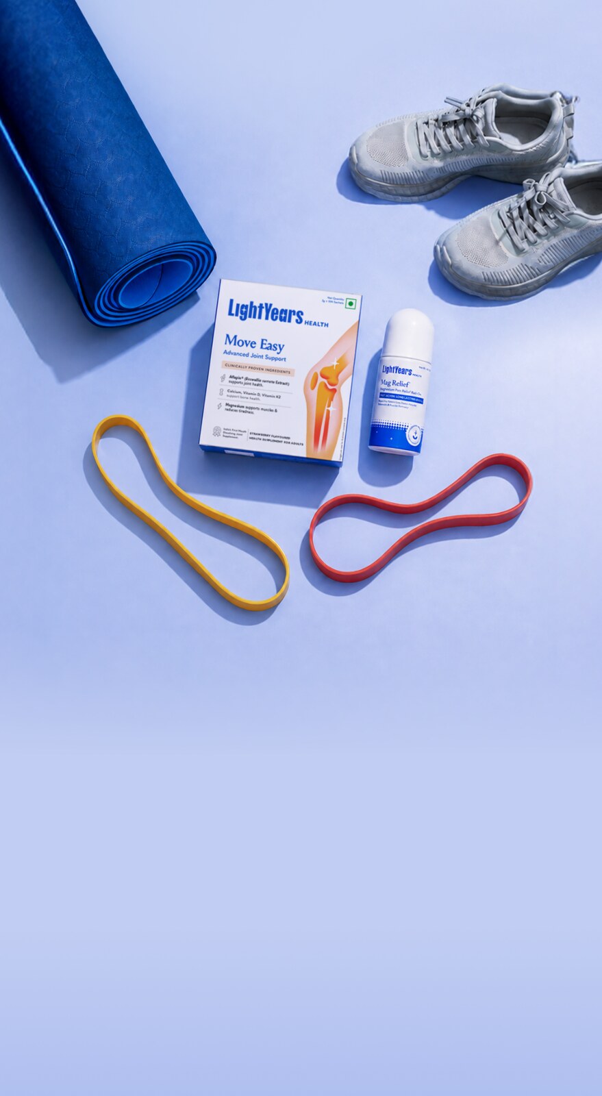The LightYears Knee Recovery Kit: Move Easy and Mag Relief with resistance bands, a yoga mat and walking shoes.