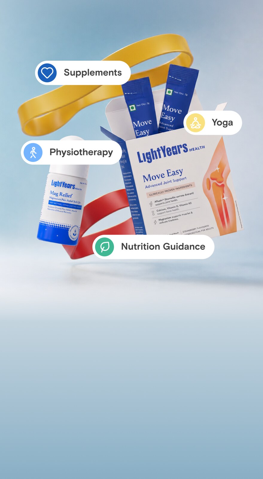 The Knee Recovery Kit with everything the plan includes: supplements, physiotherapy, yoga and nutrition guidance.