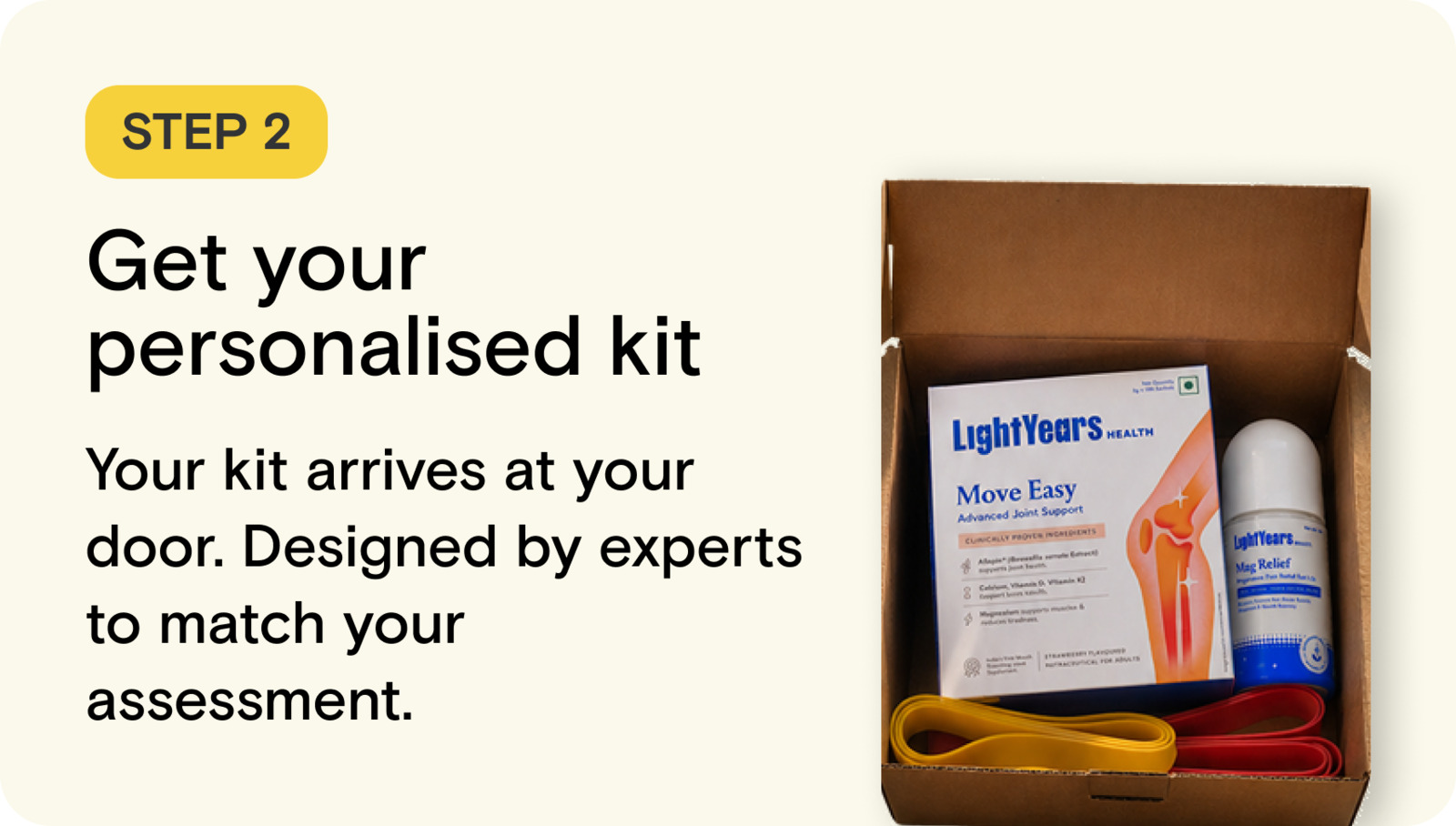 Step 2: Get your personalised kit. Your kit arrives at your door. Designed by experts to match your assessment.